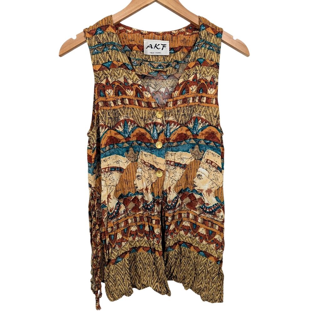 Vtg Nefertiti Egyptian Sleeveless Front Button Blouse Sz S A.K.F. New York Boho